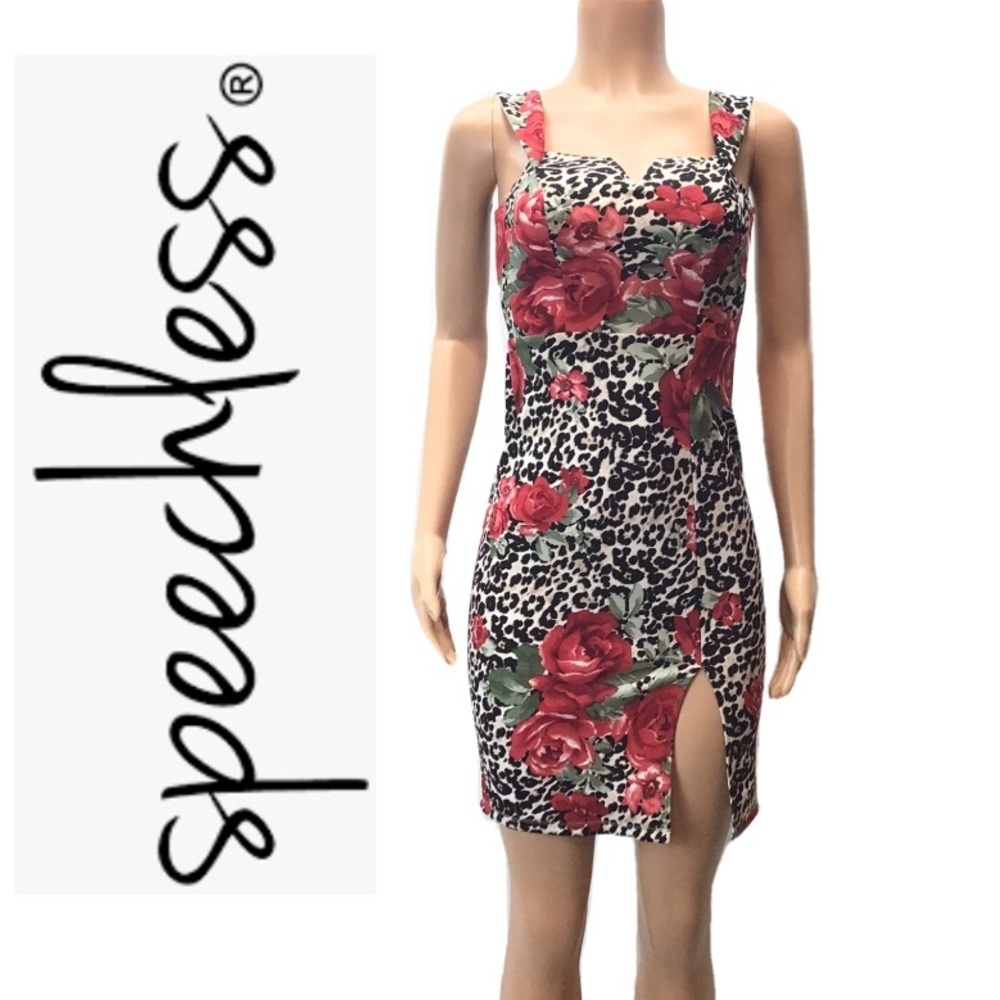 Speechless Red Rose Animal Print Sleeveless Slit Front Sheath Dress Size XS